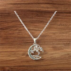 925 Sterling Silver Tree of Life Crescent Moon Pendant Free Chain Necklace